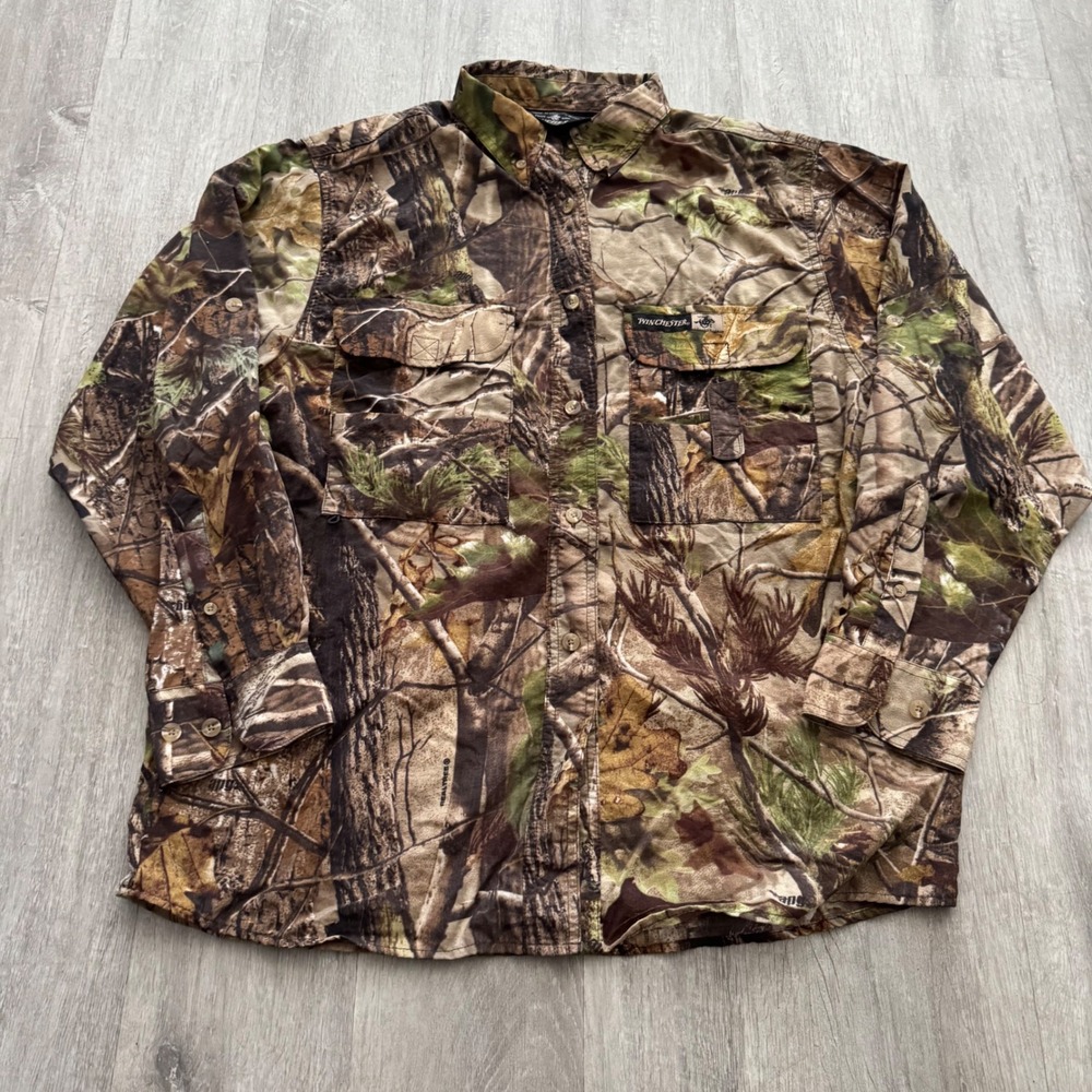 Winchester Mens Realtree APG Camo Hunting Fishing Shirt Nylon Button Up Large